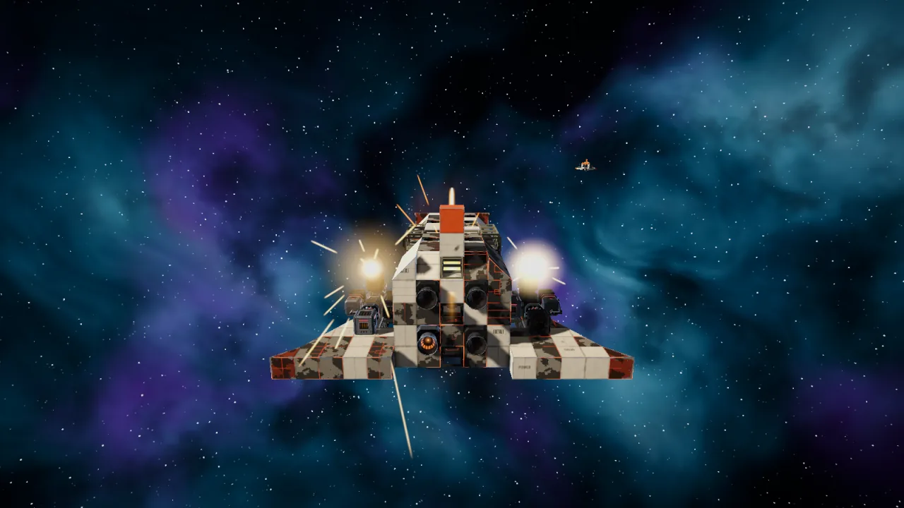 A camouflage-painted block ship head-on, two cannon impacts sparking on its hull