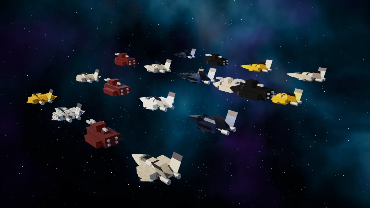 Twenty small block-built ships in mixed paint liveries lined up in one frame