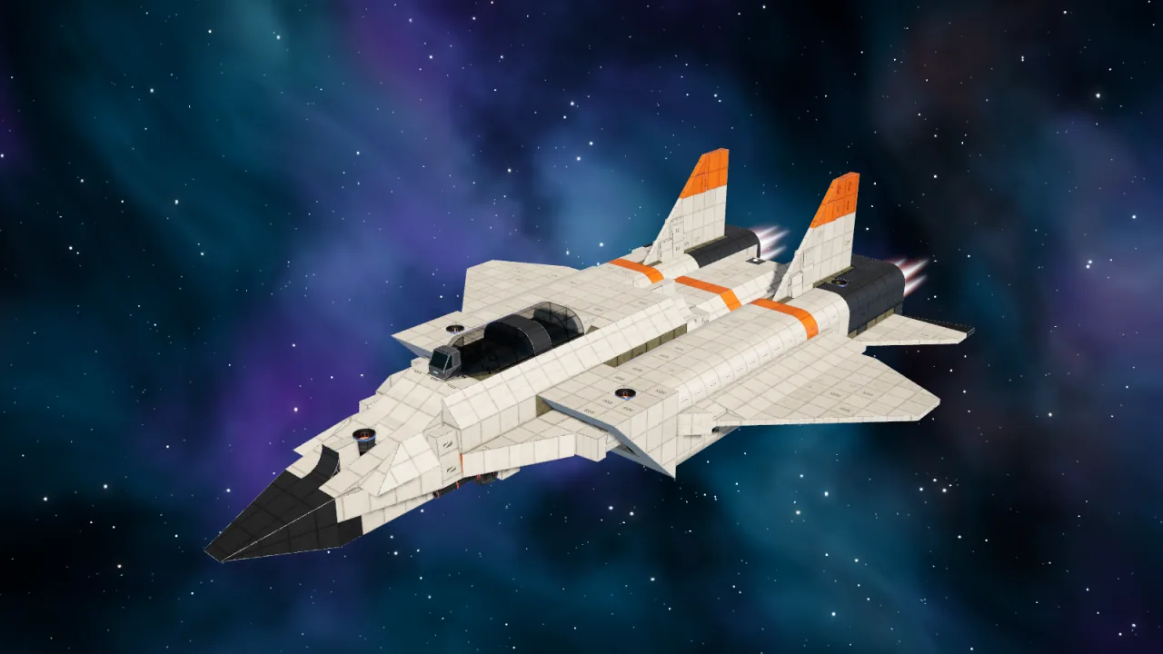 The Tomcat, a white Vermillion Online ship with orange fins built from game blocks, seen from the front quarter against a nebula