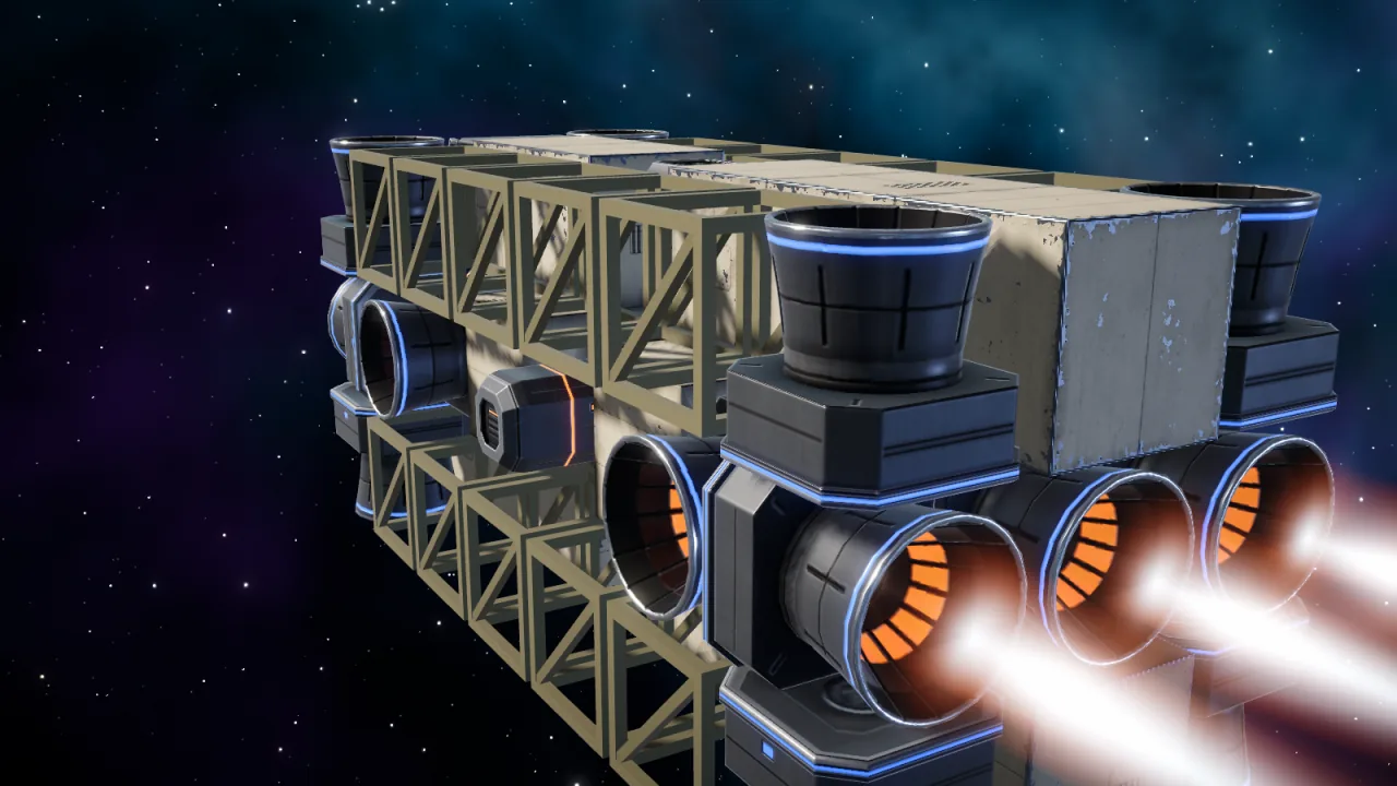 Close view of the Vermillion Online Rookie Ship's engine bank, several thruster blocks with bright exhaust plumes