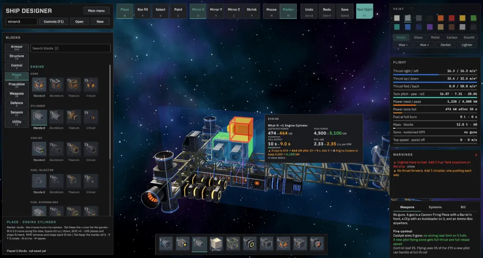 The Vermillion Ship Designer mid-build, with mirrored engine cylinders shown as green and orange ghost blocks