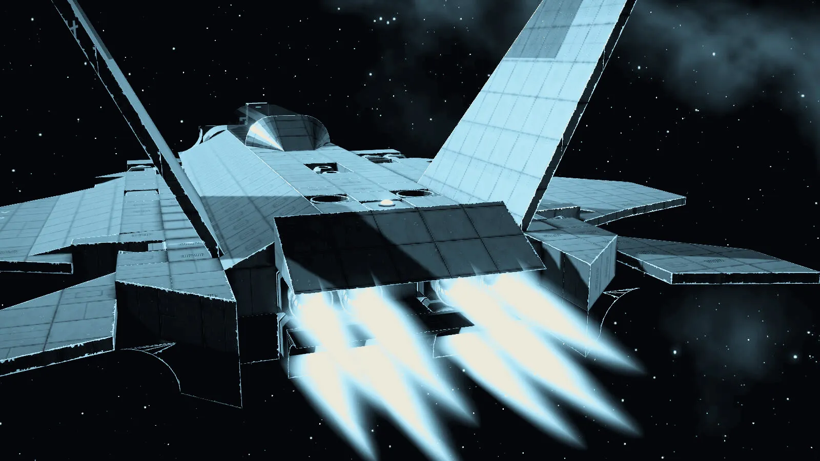The Raptor from behind: four engine plumes and tall tail fins